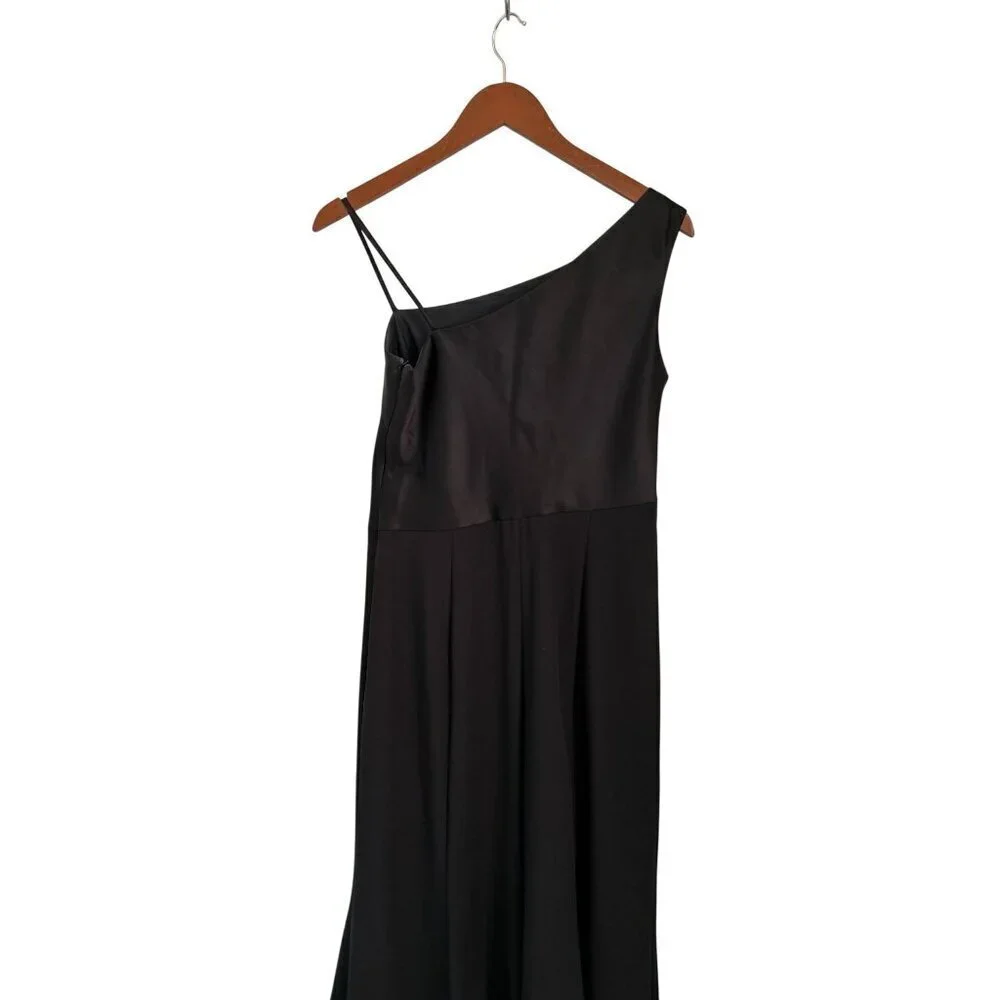 AMSALE Gown Black Satin Dress Maxi Prom Wedding One-shoulder Size 10